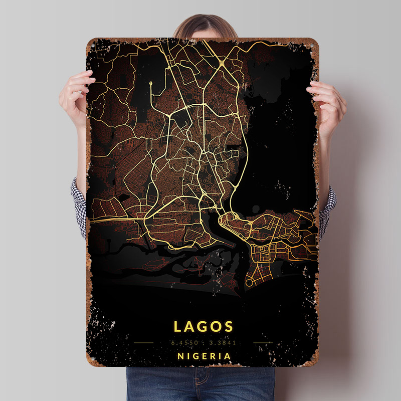 Retro Gaming Bar - Lagos City Map Poster Aangepaste Vintage